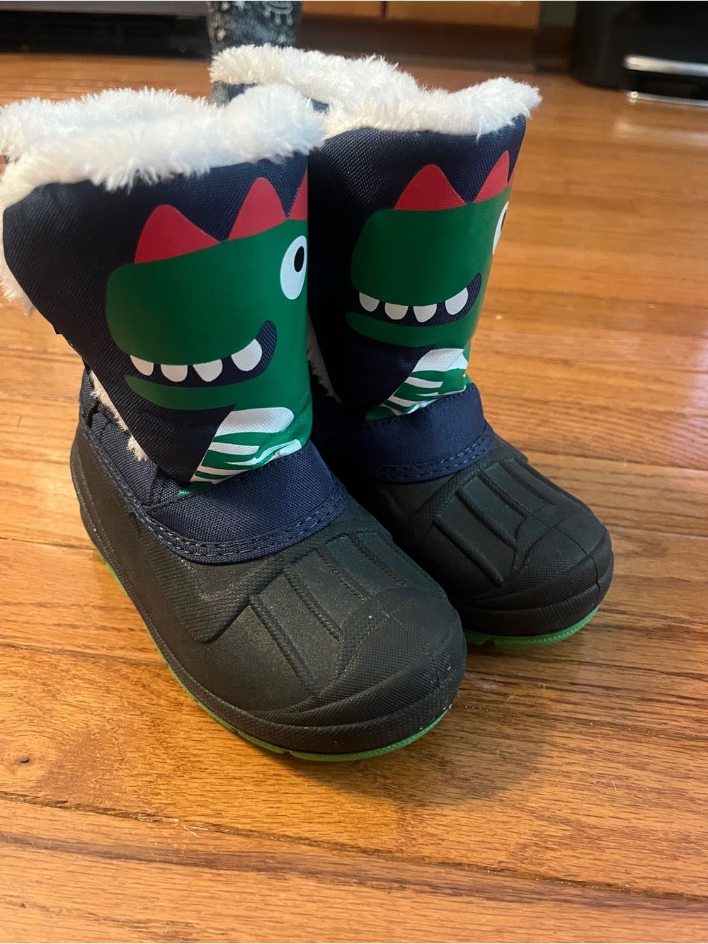 Kids Navy & Green Dinosaur Snow Boots
